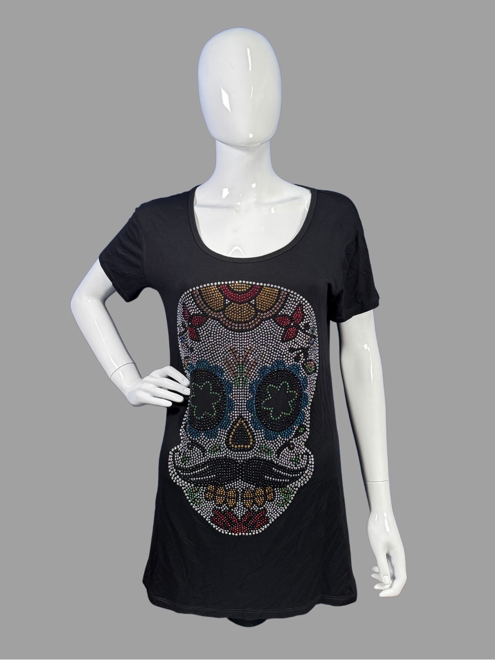 Ay Guey Rhinestone Embellished Black Women's Sugar Skull Tee